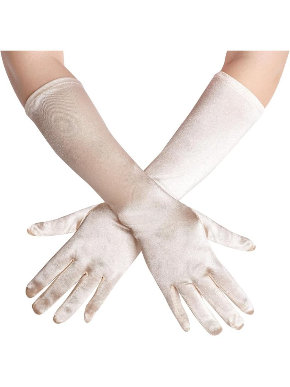 Womens Champagne Long Opera Party 20s Stretchy Elbow Length Classic Satin Gloves